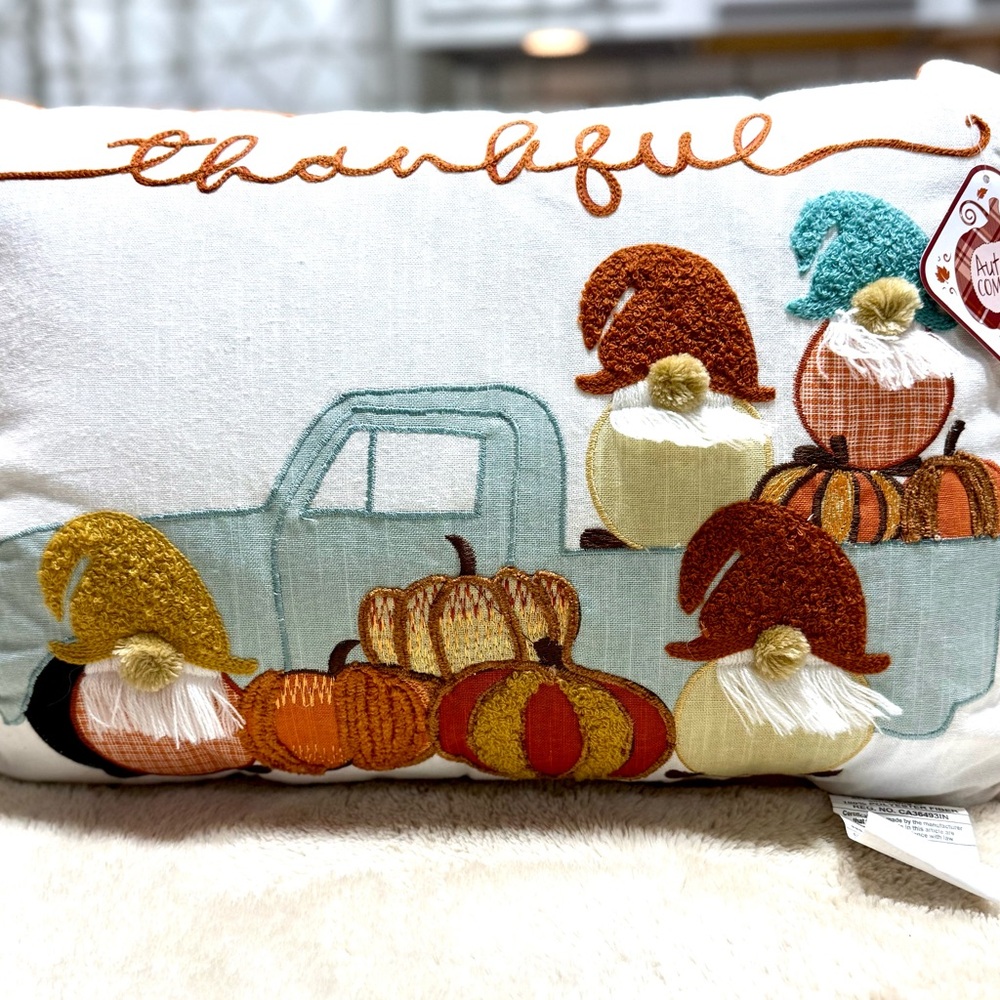 Festive Thankful Decorative Pillow with Pumpkins and Gnomes